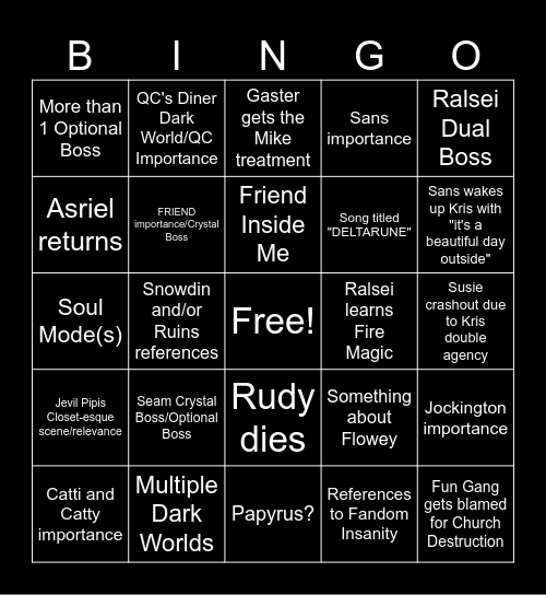 Deltarune Chapter 5 Predictions Bingo Card