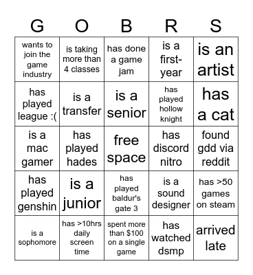 GDD Info Session Bingo Card