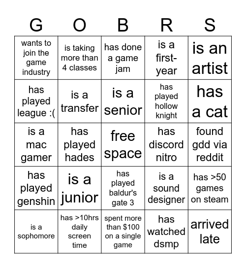 GDD Info Session Bingo Card