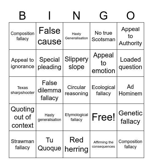 Logical Fallacy Bingo Card