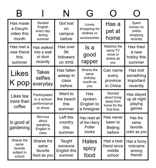 Getting to Know Each Other Bingo Card