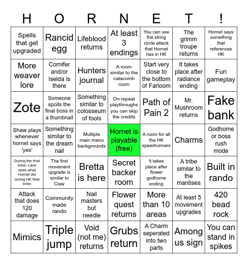 Silksong bingo Card