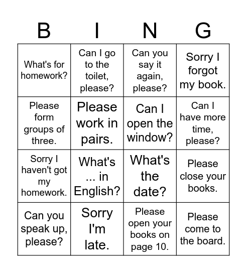 Classroom phrases Bingo Card