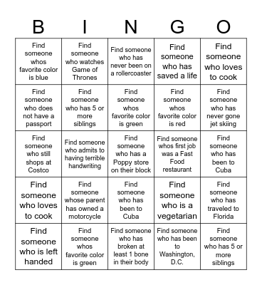 GET TO KNOW YOU Bingo Card