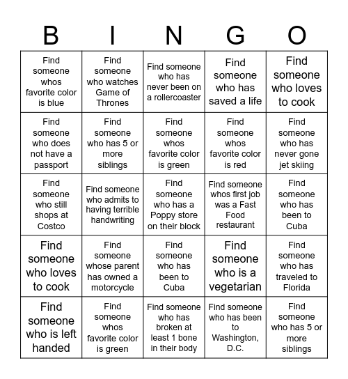 GET TO KNOW YOU Bingo Card