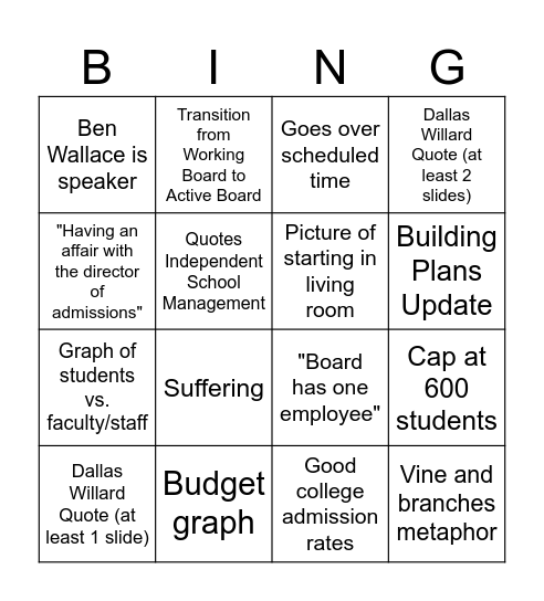 Board Update Bingo Card