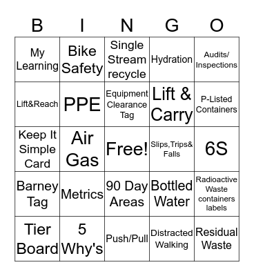 Safety Bingo Card