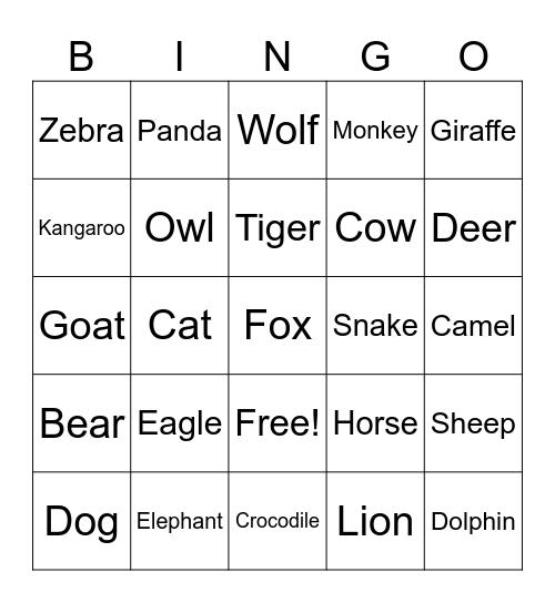 Animals BINGO Card