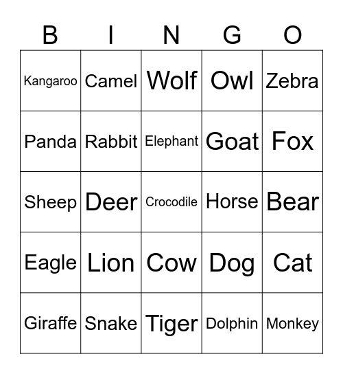 Animals BINGO Card