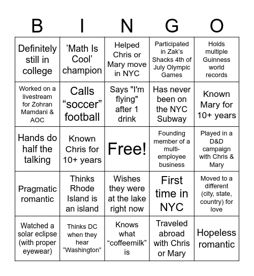 Wedding Bingo Card
