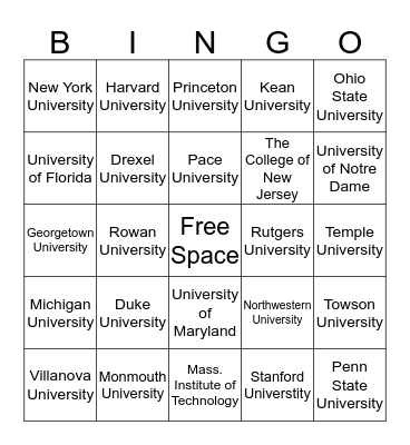 College Bingo Card