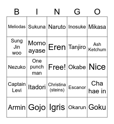 Anime characters bingo Card