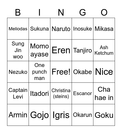 Anime characters bingo Card