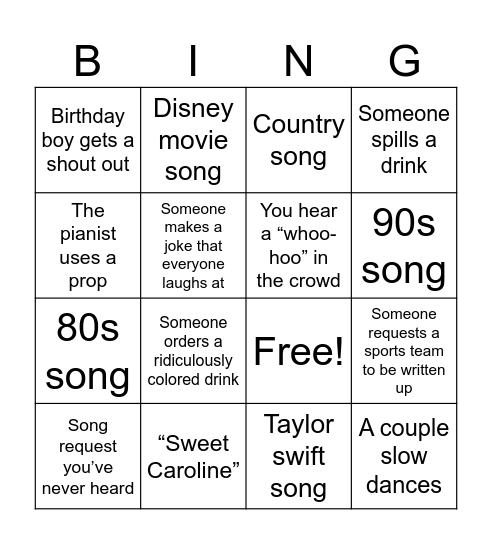 Dueling Piano Bar Bingo Card