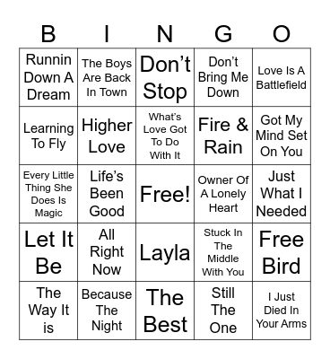 Classic Road Trippin’ Music Bingo Card