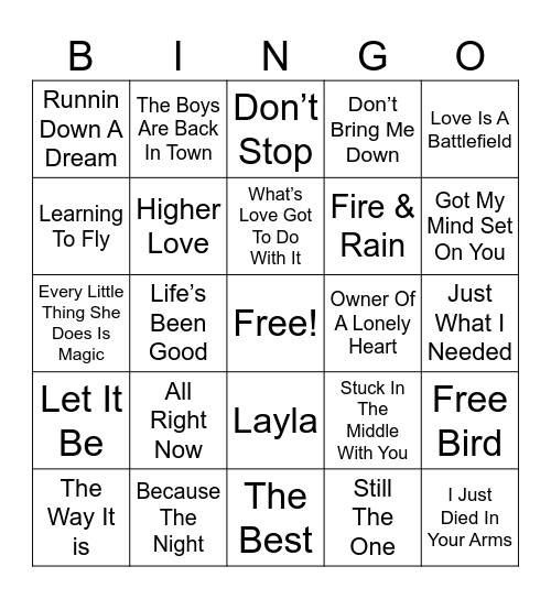 Classic Road Trippin’ Music Bingo Card