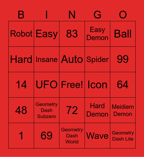 Geometry Dash Bingo Card