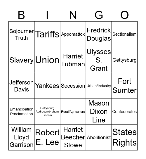 Civil War Review Bingo Card