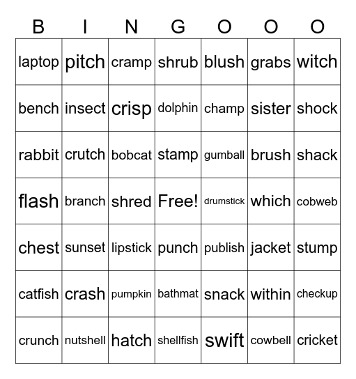 Short vowels and blends Bingo Card