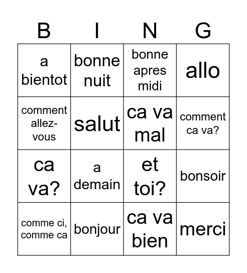 French Greetings 16 Bingo Card