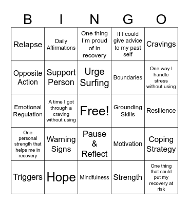 Recovery 101 Bingo Card