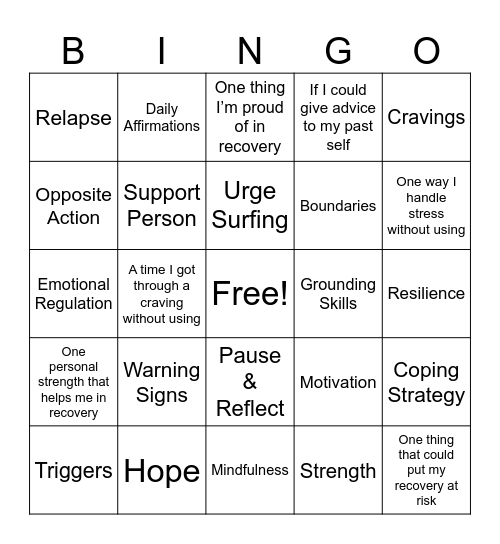 Recovery 101 Bingo Card