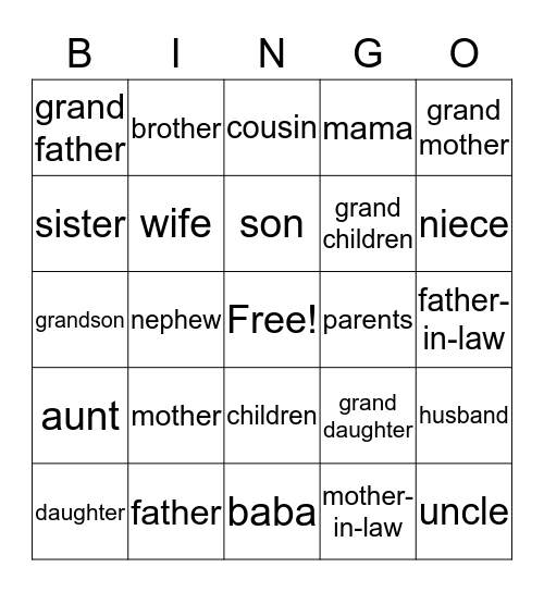 Family Bingo Card