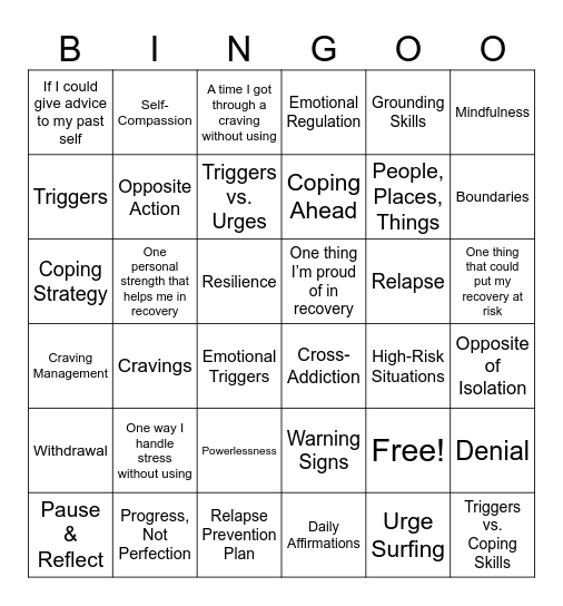 Recovery 101 Bingo Card