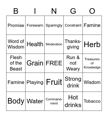 Word of Wisdom Bingo Card