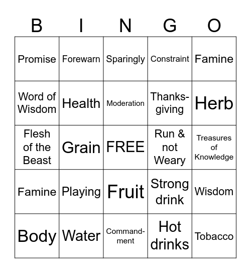 Word of Wisdom Bingo Card