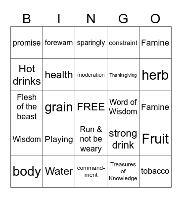 Word of Wisdom Bingo Card