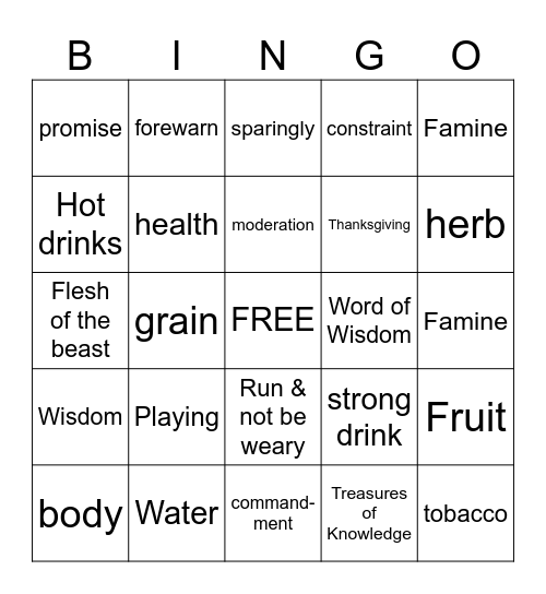 Word of Wisdom Bingo Card