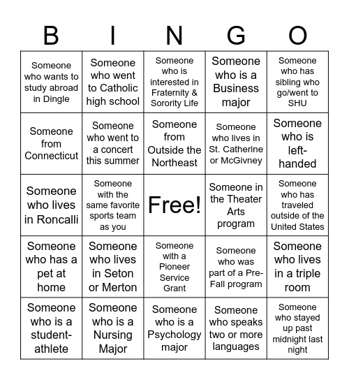 SHU People Bingo! Bingo Card