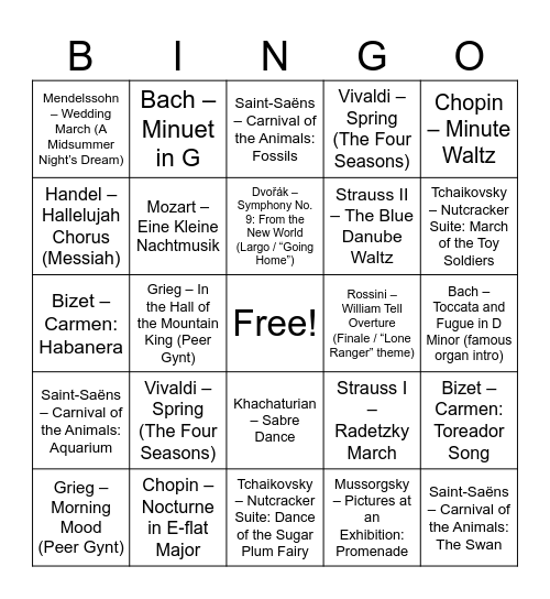 Classical Music Bingo! Bingo Card