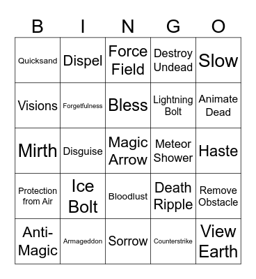 All Spells Bingo Card