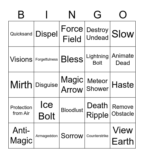All Spells Bingo Card