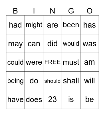 HELPING VERBS Bingo Card