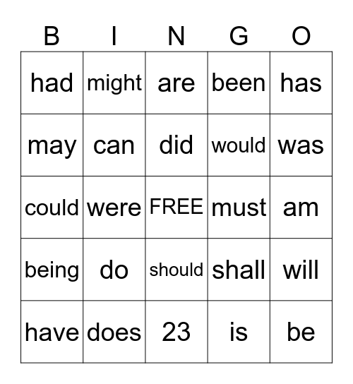 HELPING VERBS Bingo Card