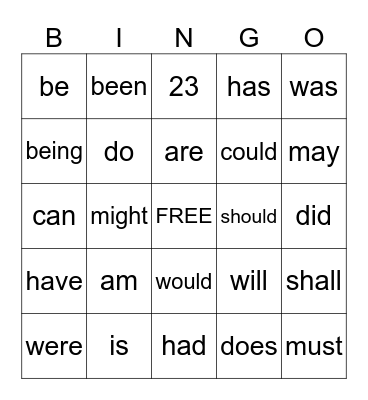 HELPING VERBS Bingo Card