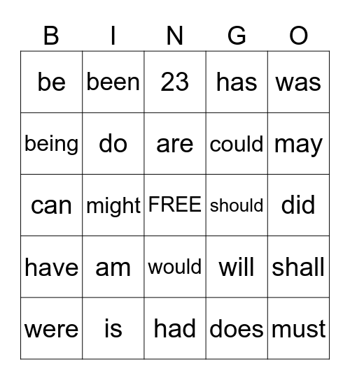 HELPING VERBS Bingo Card