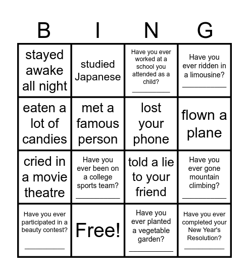Have You Ever Bingo Card