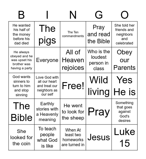 Jesus taught in Parables Bingo Card