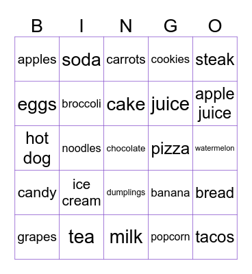 Food Bingo Card