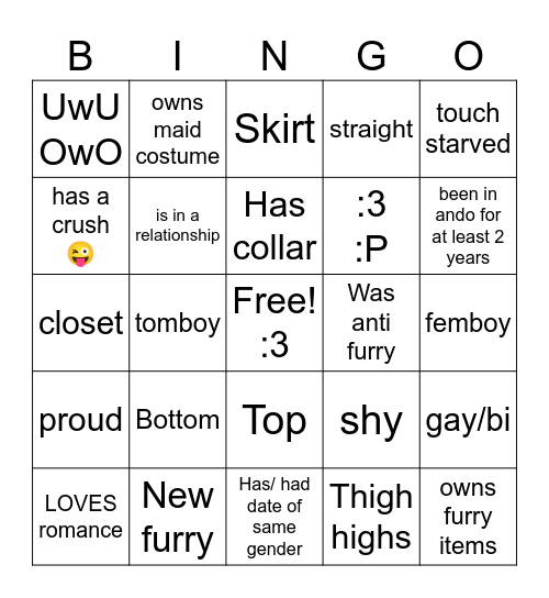 Furry bingo Card