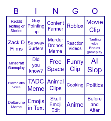 Youtube Shorts Bingo Card