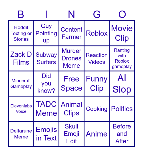 Youtube Shorts Bingo Card