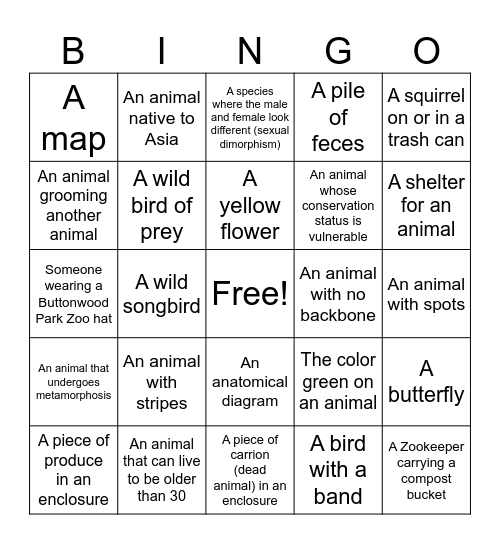 BPZOO BINGO Scavenger Hunt Bingo Card