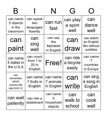 Can/Can't BINGO Card