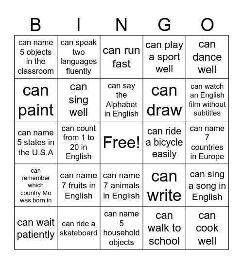 Can/Can't BINGO Card