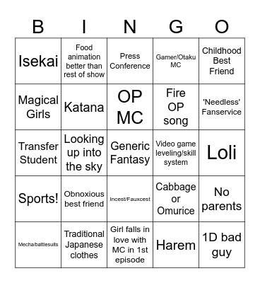 Anime Spinner Drinking Bingo Card